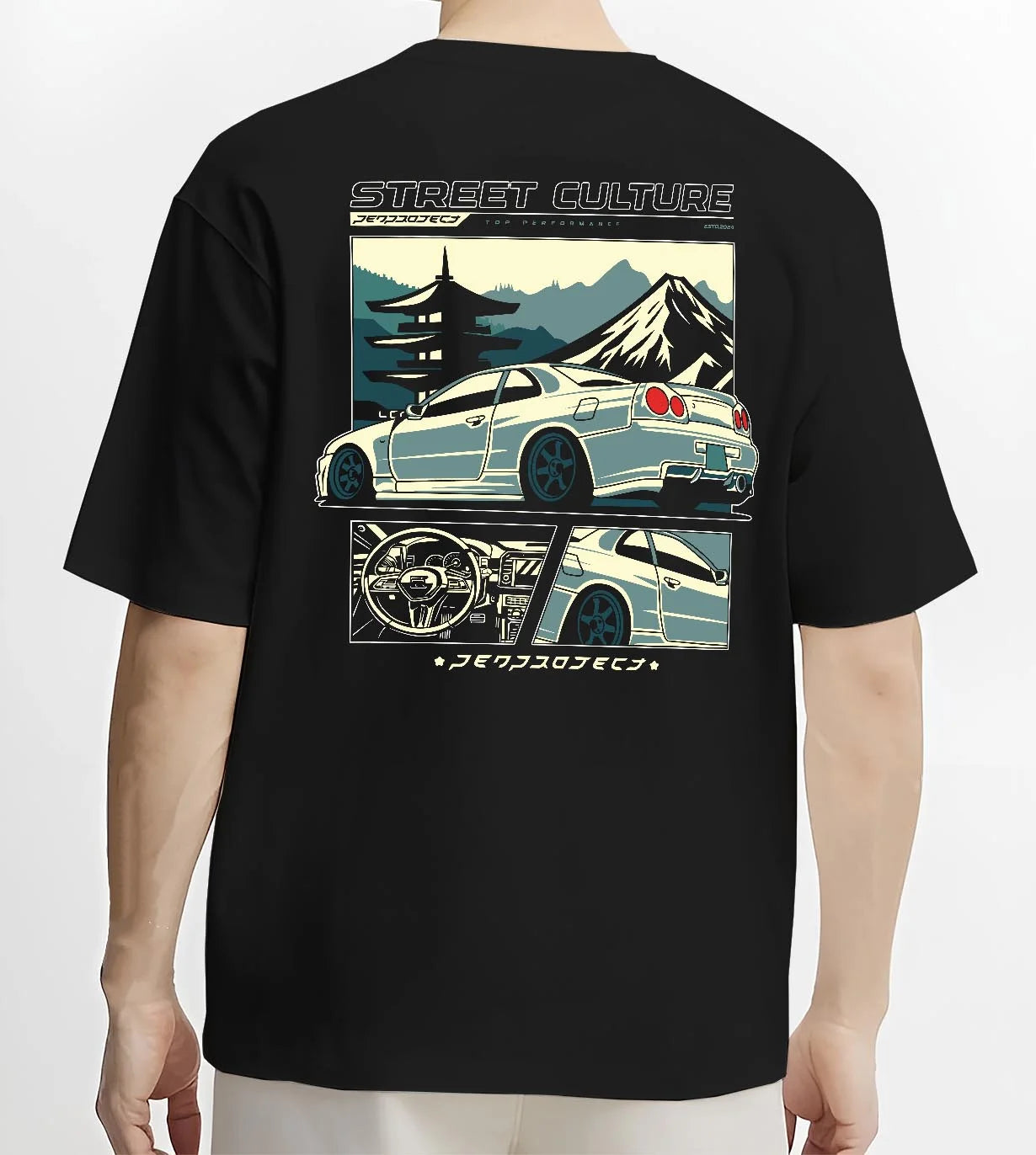 Black T-shirt worn by a male model, back view, featuring Nissan Skyline drift jdm japanese tuner street retro graphic.