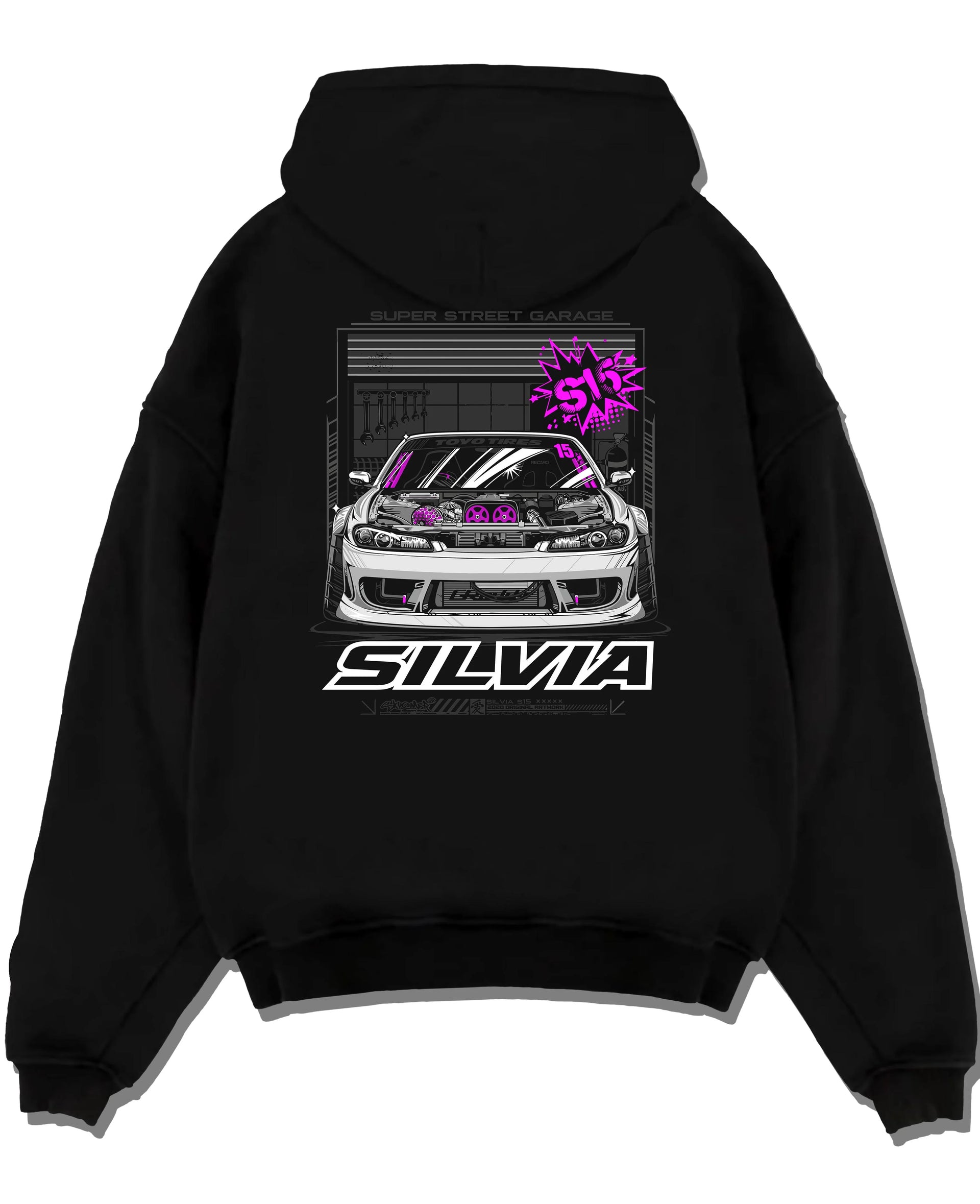 Black pullover hoodie laid flat on a white background, featuring Nissan Silvia S15 silvia turbo drift jdm tuner street graphic.