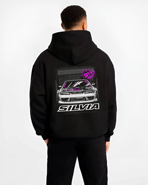 Black hoodie worn by a male model, back view, featuring Nissan Silvia S15 silvia turbo drift jdm tuner street graphic.