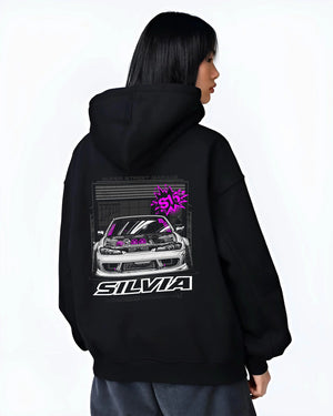 Black hoodie worn by a female model, back view, featuring Nissan Silvia S15 silvia turbo drift jdm tuner street graphic.