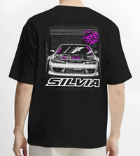 Black T-shirt worn by a male model, back view, featuring Nissan Silvia S15 silvia turbo drift jdm tuner street graphic.