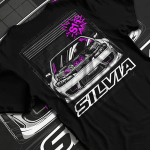 Black T-shirt laid flat with natural fabric folds, featuring Nissan Silvia S15 silvia turbo drift jdm tuner street graphic.
