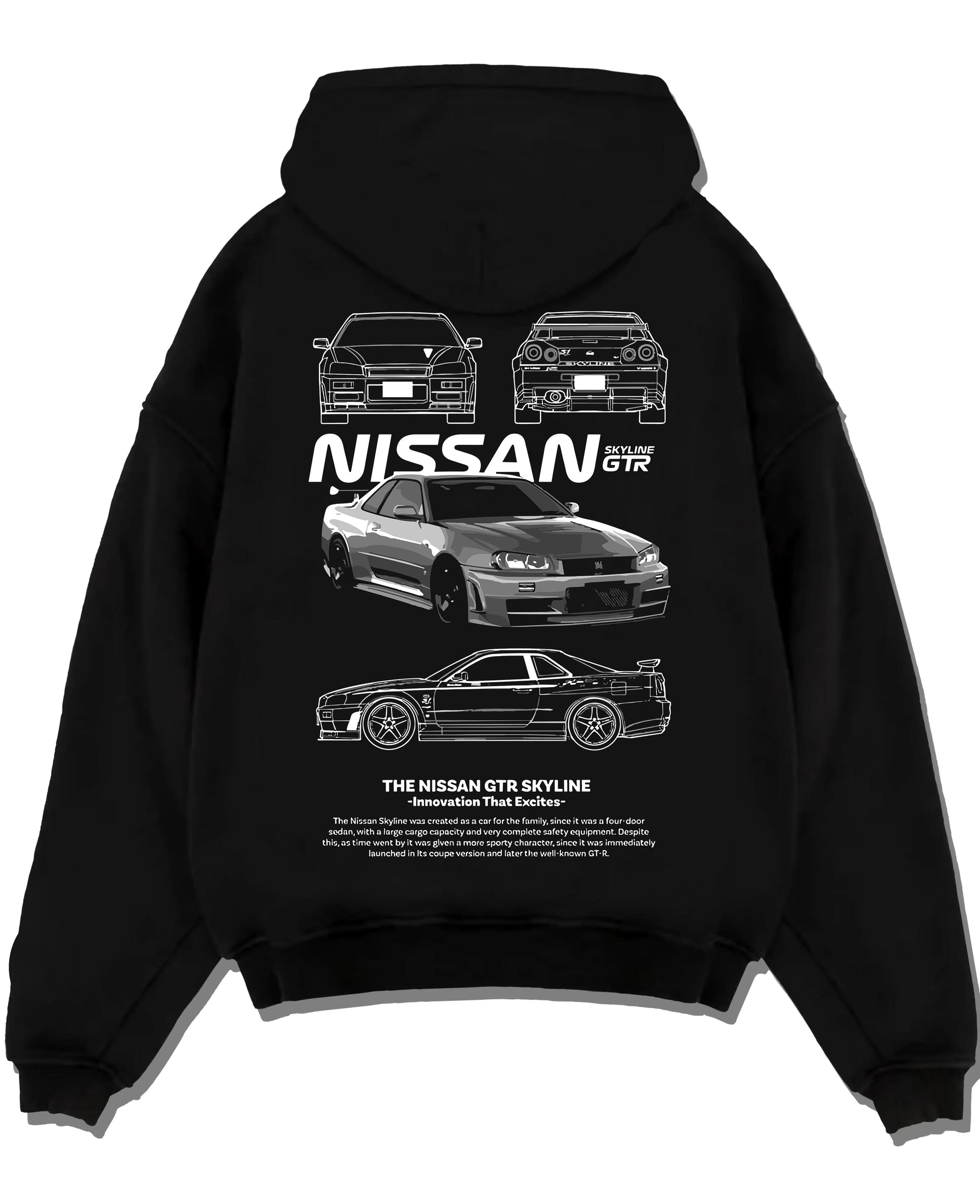Black pullover hoodie laid flat on a white background, featuring Nissan Skyline R34 gtr r34 skyline drift jdm japanese graphic.