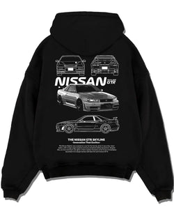 Black pullover hoodie laid flat on a white background, featuring Nissan Skyline R34 gtr r34 skyline drift jdm japanese graphic.