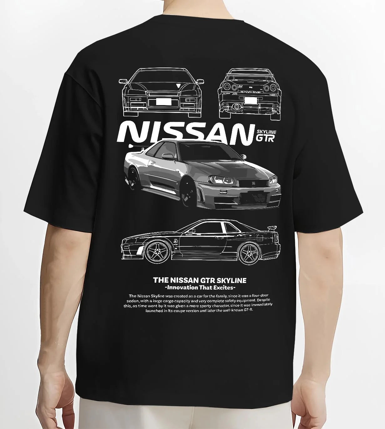 Black T-shirt worn by a male model, back view, featuring Nissan Skyline R34 gtr r34 skyline drift jdm japanese tuner street graphic.