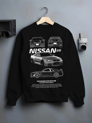 Black crewneck sweatshirt on a hanger against a grey wall, featuring Nissan Skyline R34 gtr r34 skyline drift jdm japanese graphic.