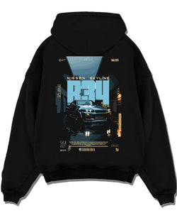 Black pullover hoodie laid flat on a white background, featuring Nissan Skyline R34 r34 skyline turbo racing drift jdm graphic.