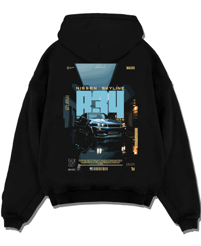 Black pullover hoodie laid flat on a white background, featuring Nissan Skyline R34 r34 skyline turbo racing drift jdm graphic.