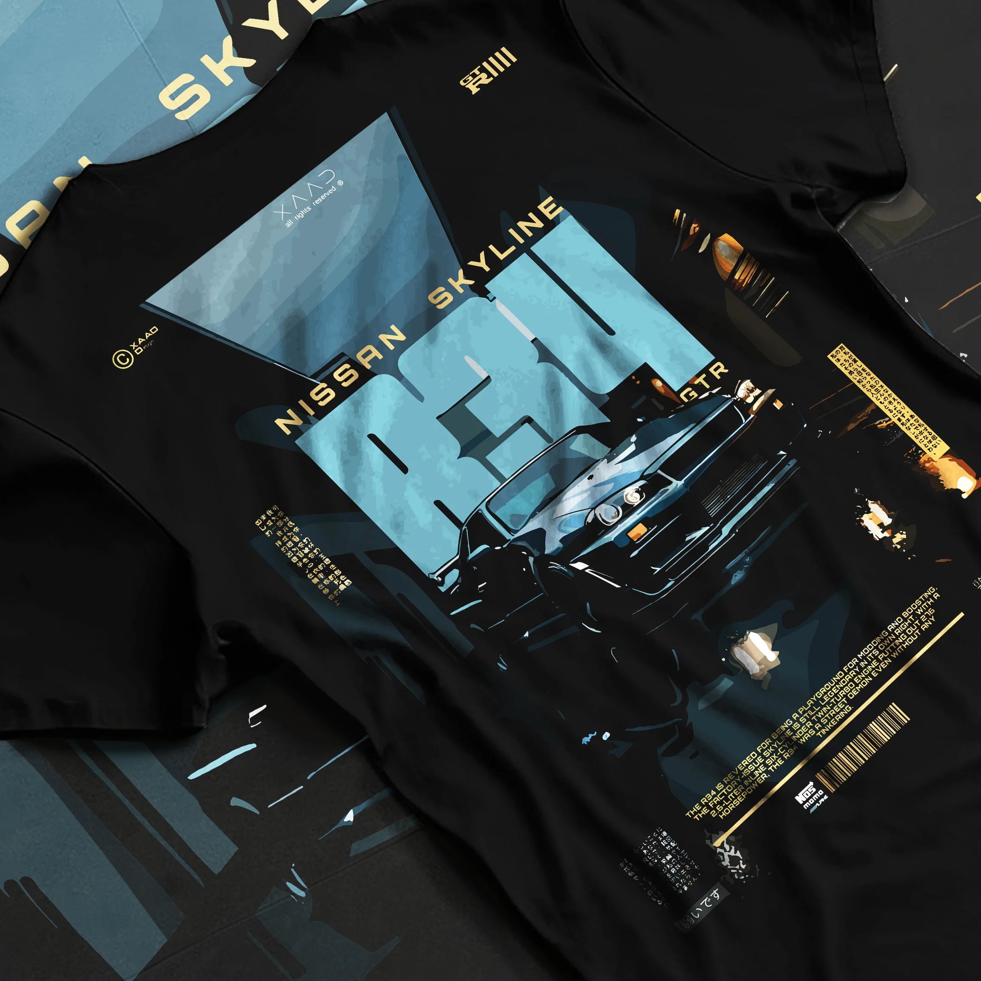 Black T-shirt laid flat with natural fabric folds, featuring Nissan Skyline R34 r34 skyline turbo racing drift jdm japanese graphic.
