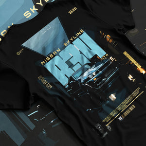Black T-shirt laid flat with natural fabric folds, featuring Nissan Skyline R34 r34 skyline turbo racing drift jdm japanese graphic.