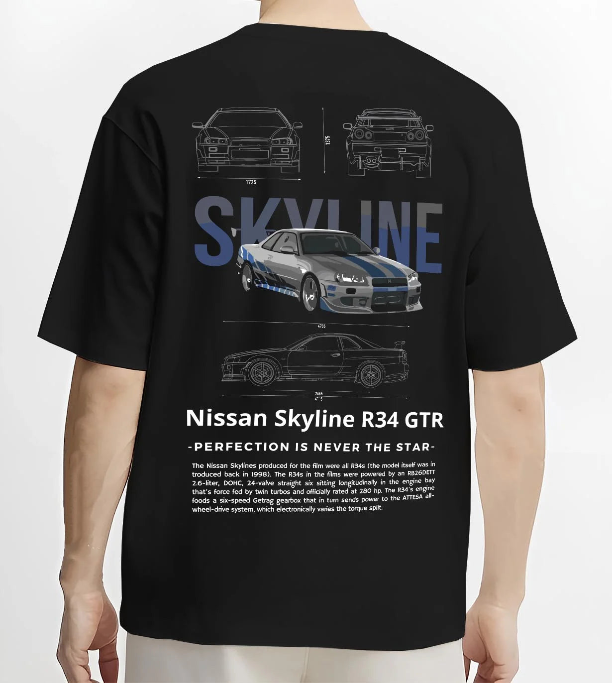Black T-shirt worn by a male model, back view, featuring Nissan Skyline R34 r34 skyline drift jdm japanese tuner graphic.