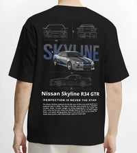 Black T-shirt worn by a male model, back view, featuring Nissan Skyline R34 r34 skyline drift jdm japanese tuner graphic.