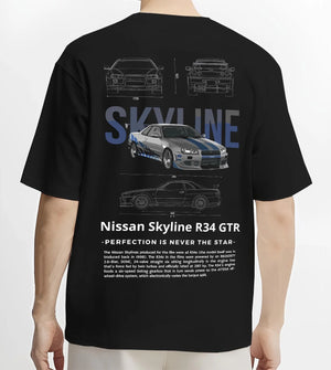 Black T-shirt worn by a male model, back view, featuring Nissan Skyline R34 r34 skyline drift jdm japanese tuner graphic.