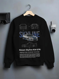 Black crewneck sweatshirt on a hanger against a grey wall, featuring Nissan Skyline R34 r34 skyline drift jdm japanese graphic.