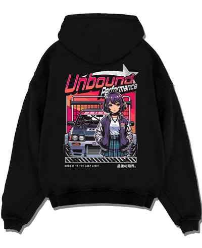 Black pullover hoodie laid flat on a white background, featuring SKYLINE racing drift jdm japanese street performance graphic.
