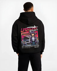 Black hoodie worn by a male model, back view, featuring SKYLINE racing drift jdm japanese street performance motorsport graphic.