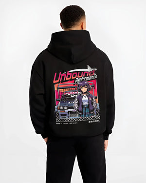 Black hoodie worn by a male model, back view, featuring SKYLINE racing drift jdm japanese street performance motorsport graphic.