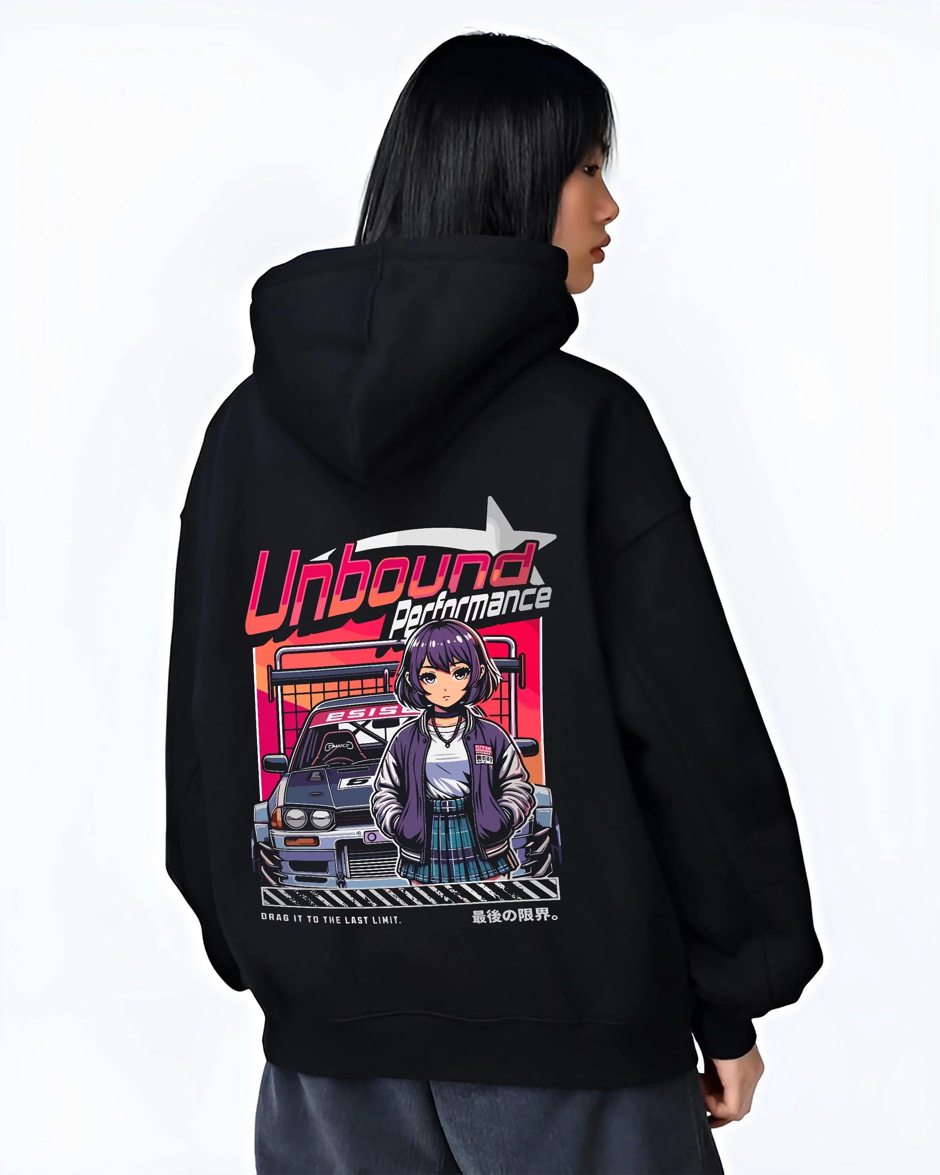 Black hoodie worn by a female model, back view, featuring SKYLINE racing drift jdm japanese street performance motorsport graphic.