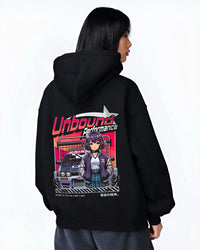 Black hoodie worn by a female model, back view, featuring SKYLINE racing drift jdm japanese street performance motorsport graphic.