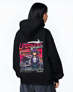 Black hoodie worn by a female model, back view, featuring SKYLINE racing drift jdm japanese street performance motorsport graphic.
