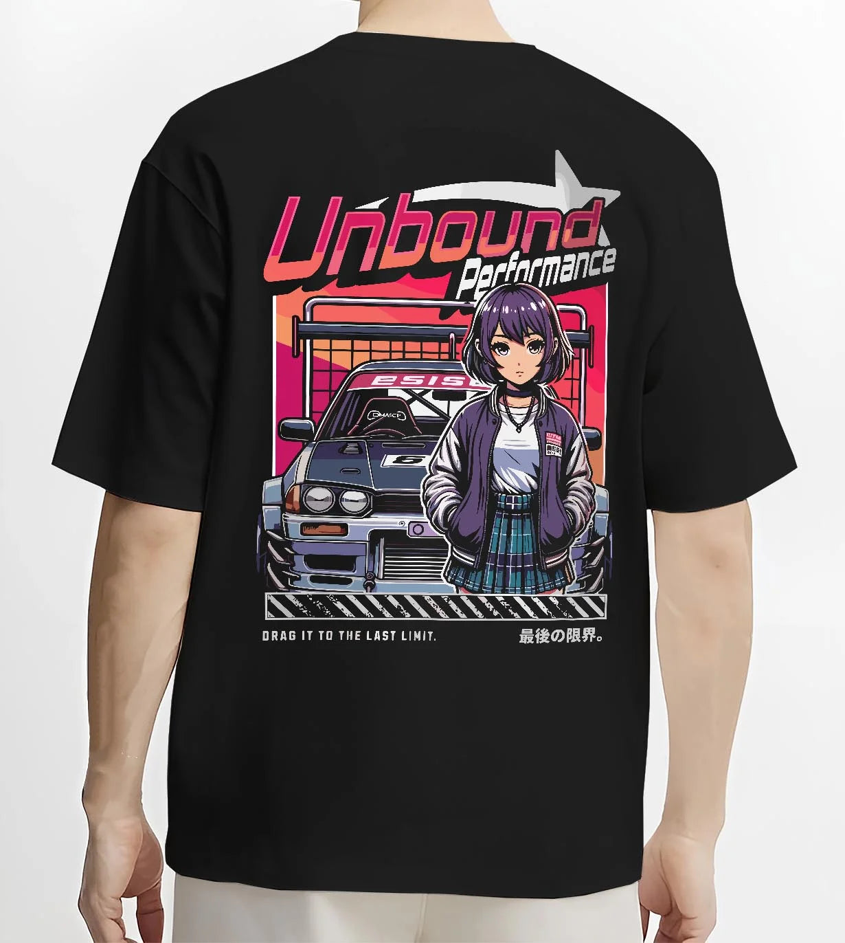 Black T-shirt worn by a male model, back view, featuring SKYLINE racing drift jdm japanese street performance motorsport graphic.