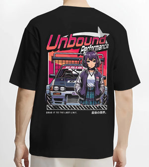 Black T-shirt worn by a male model, back view, featuring SKYLINE racing drift jdm japanese street performance motorsport graphic.