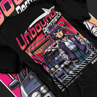 Black T-shirt laid flat with natural fabric folds, featuring SKYLINE racing drift jdm japanese street performance graphic.