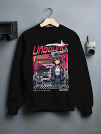 Black crewneck sweatshirt on a hanger against a grey wall, featuring SKYLINE racing drift jdm japanese street performance graphic.