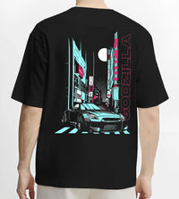 Black T-shirt worn by a male model, back view, featuring Nissan GT-R gtr skyline racing drift jdm japanese street graphic.