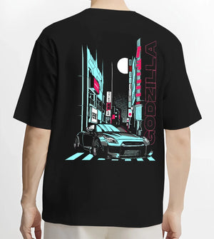 Black T-shirt worn by a male model, back view, featuring Nissan GT-R gtr skyline racing drift jdm japanese street graphic.
