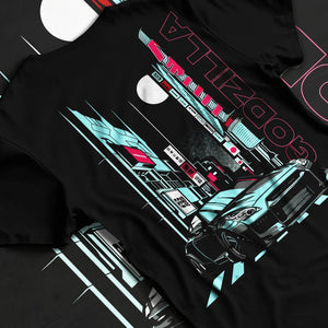 Black T-shirt laid flat with natural fabric folds, featuring Nissan GT-R gtr skyline racing drift jdm japanese street graphic.