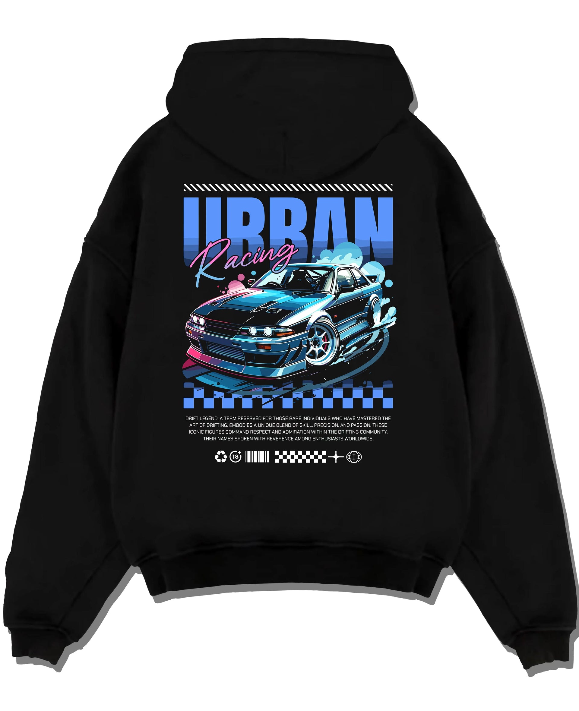 Black pullover hoodie laid flat on a white background, featuring Nissan Skyline racing drift jdm japanese street retro graphic.