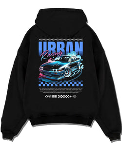 Black pullover hoodie laid flat on a white background, featuring Nissan Skyline racing drift jdm japanese street retro graphic.