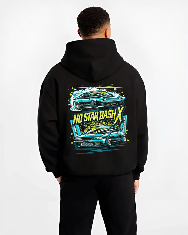 Black hoodie worn by a male model, back view, featuring STI street racing performance motorsport automotive enthusiast graphic.
