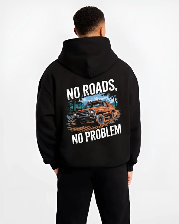 Black hoodie worn by a male model, back view, featuring street racing performance motorsport automotive enthusiast power nrnp.