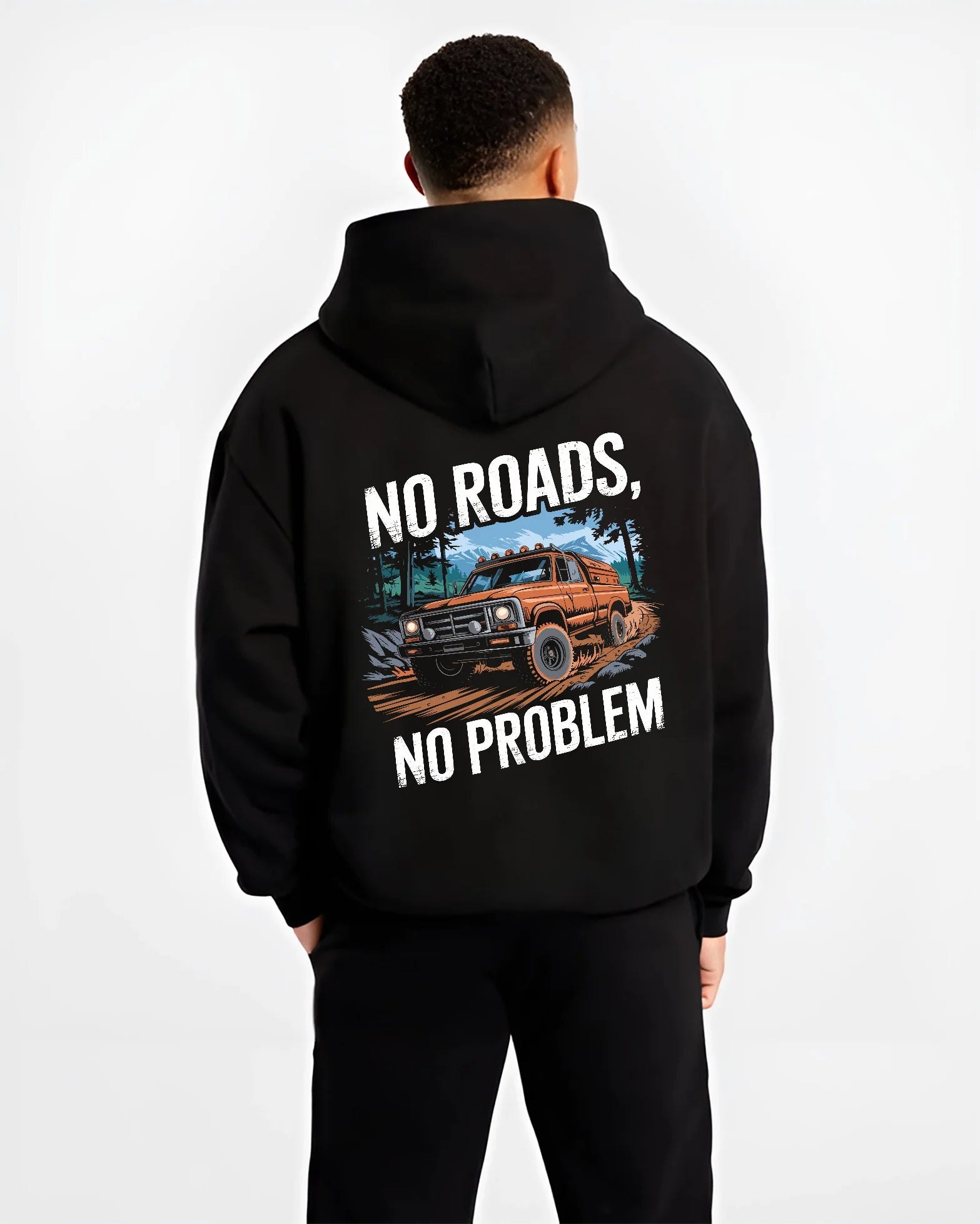Black hoodie worn by a male model, back view, featuring street racing performance motorsport automotive enthusiast power nrnp.