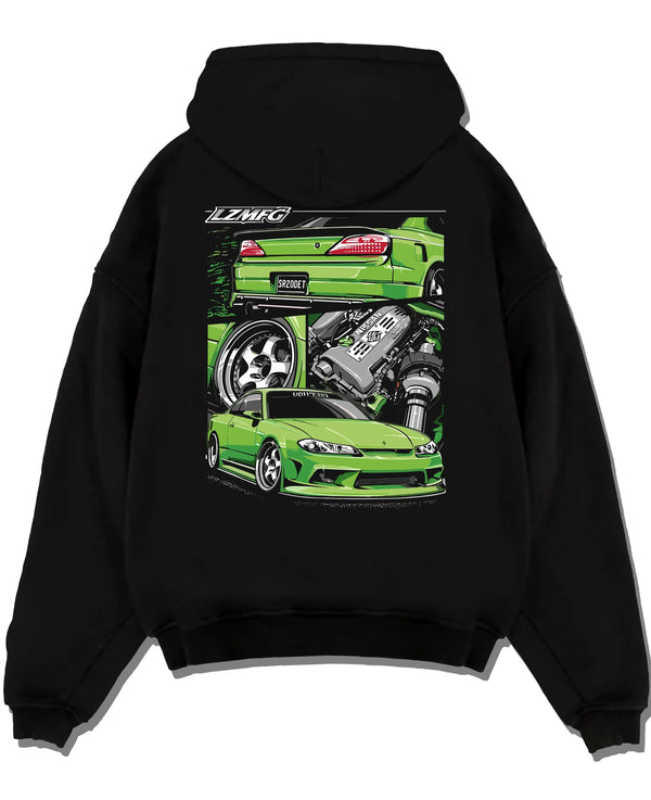 Black pullover hoodie laid flat on a white background, featuring Nissan rs turbo racing drift motorsport jdm japanese graphic.