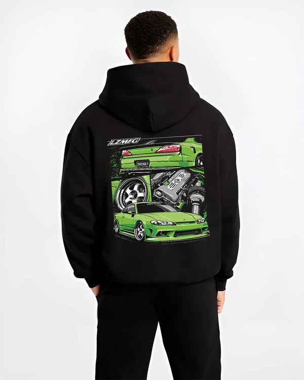 Black hoodie worn by a male model, back view, featuring Nissan rs turbo racing drift motorsport jdm japanese street graphic.