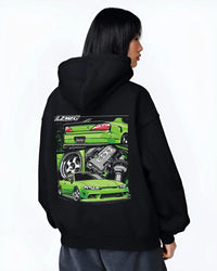 Black hoodie worn by a female model, back view, featuring Nissan rs turbo racing drift motorsport jdm japanese street graphic.