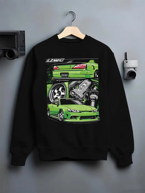 Black crewneck sweatshirt on a hanger against a grey wall, featuring Nissan rs turbo racing drift motorsport jdm japanese graphic.