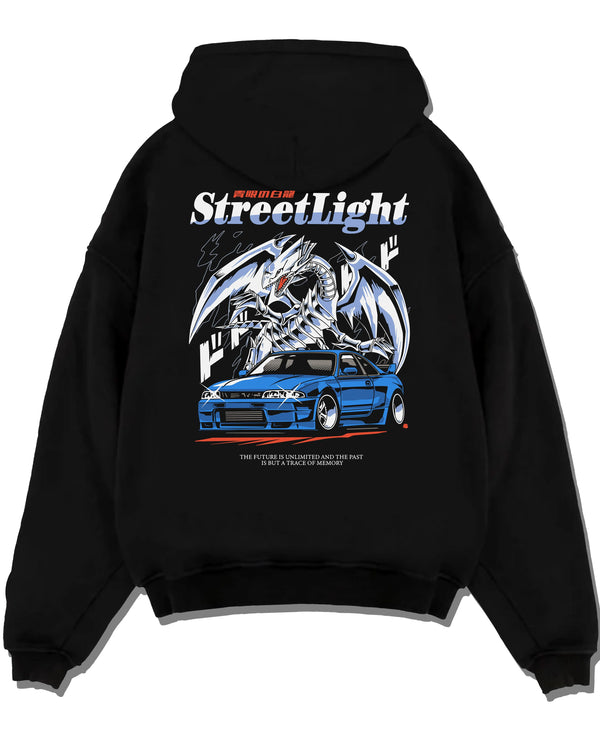 Black pullover hoodie laid flat on a white background, featuring Nissan Skyline R34 rs r34 skyline turbo racing drift graphic.