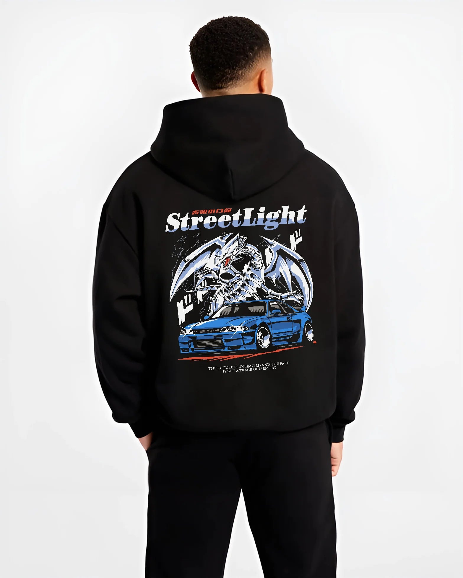 Black hoodie worn by a male model, back view, featuring Nissan Skyline R34 rs r34 skyline turbo racing drift motorsport jdm graphic.