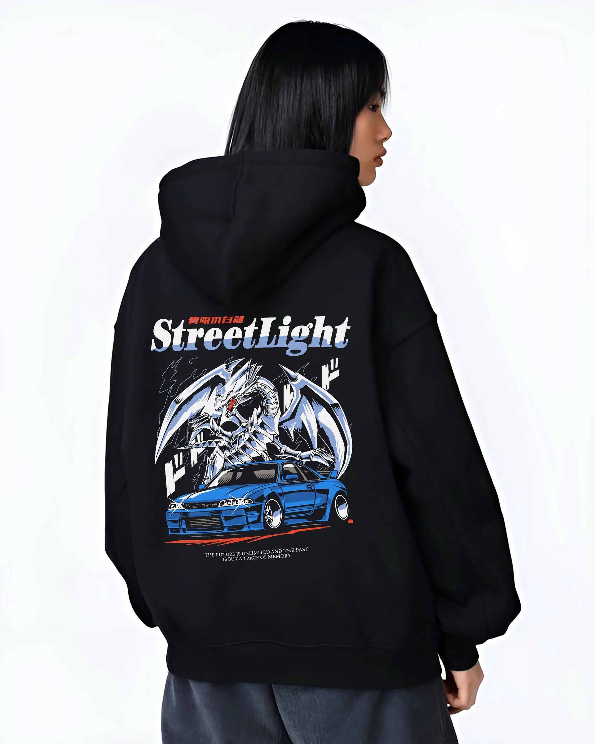 Black hoodie worn by a female model, back view, featuring Nissan Skyline R34 rs r34 skyline turbo racing drift motorsport graphic.