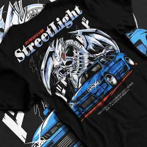 Black T-shirt laid flat with natural fabric folds, featuring Nissan Skyline R34 rs r34 skyline turbo racing drift graphic.