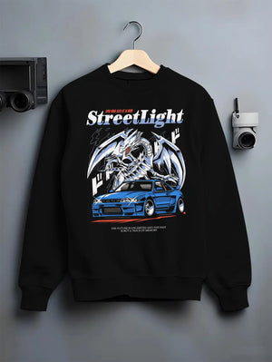 Black crewneck sweatshirt on a hanger against a grey wall, featuring Nissan Skyline R34 rs r34 skyline turbo racing drift graphic.