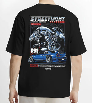Black T-shirt worn by a male model, back view, featuring Nissan GT-R gt r turbo racing drift jdm japanese street enthusiast graphic.