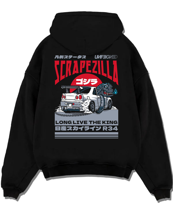Black pullover hoodie laid flat on a white background, featuring Nissan 350Z rs turbo racing drift motorsport jdm japanese graphic.