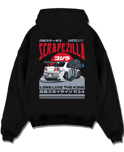Black pullover hoodie laid flat on a white background, featuring Nissan 350Z rs turbo racing drift motorsport jdm japanese graphic.