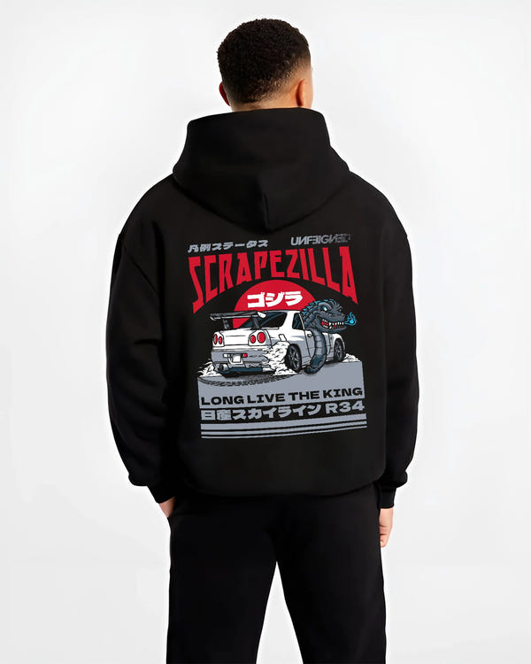 Black hoodie worn by a male model, back view, featuring Nissan 350Z rs turbo racing drift motorsport jdm japanese street graphic.