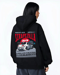 Black hoodie worn by a female model, back view, featuring Nissan 350Z rs turbo racing drift motorsport jdm japanese street graphic.